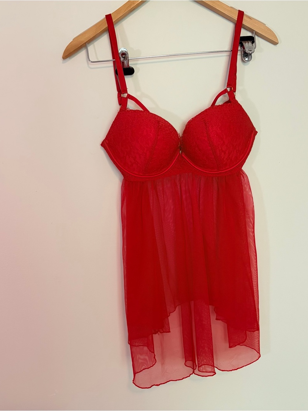 Victoria's Secret Red  Sheer Padded Cup Mini Slip Dress Size 34 D W/ Underwire
